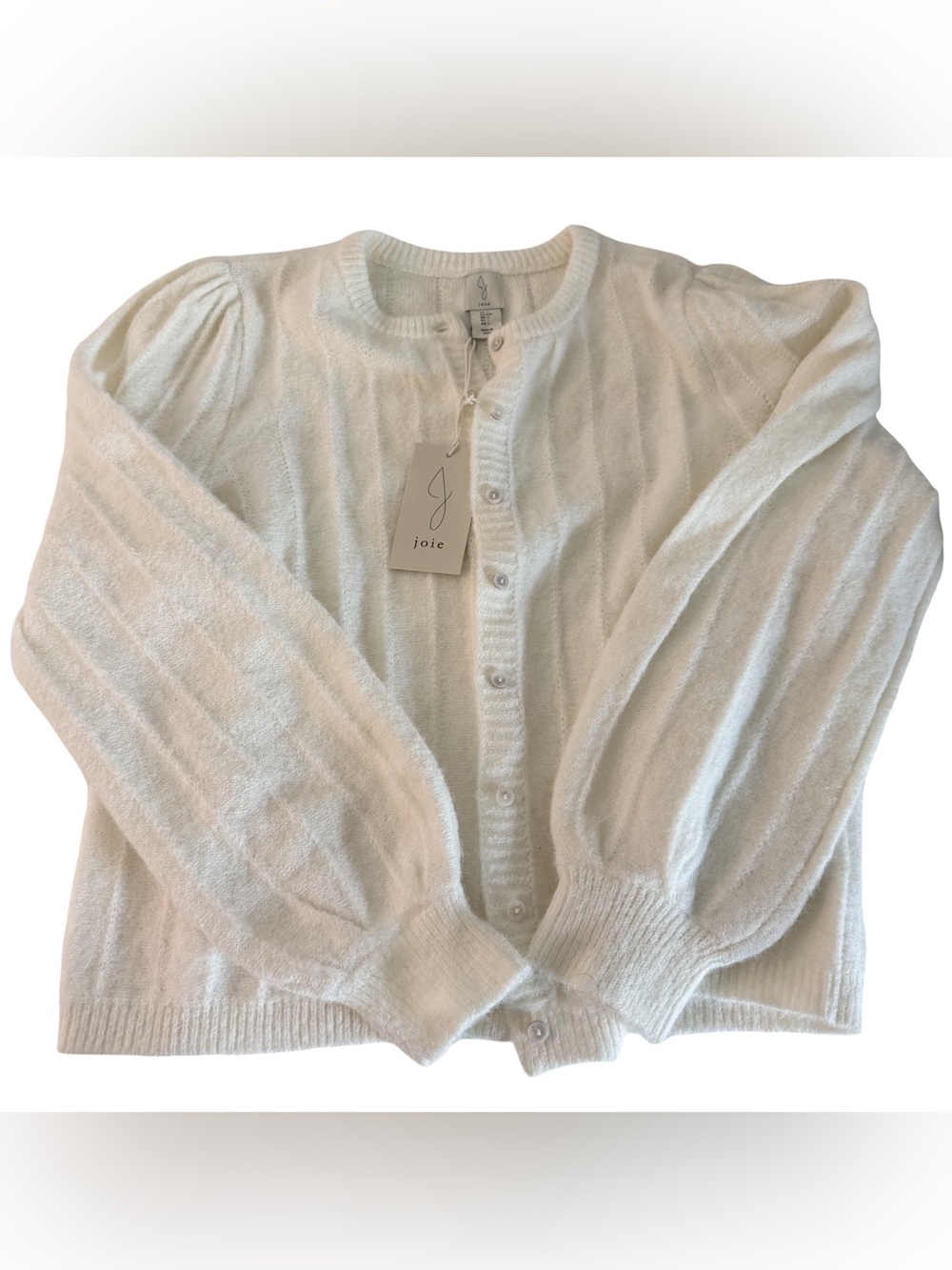 Joie Cream Puff-Sleeve Button Cardigan Sweater